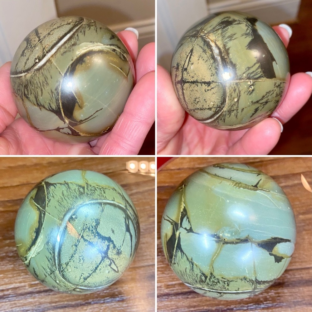 High Quality Polished Septarian Sphere w/ Wooden Stand - Picture 8 of 10